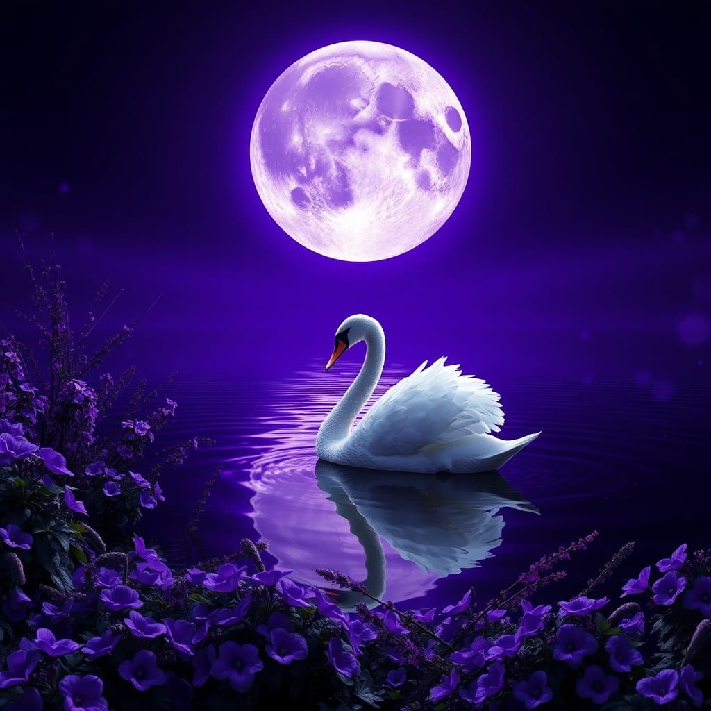 Purple Moonlit Swan on Tranquil Lake