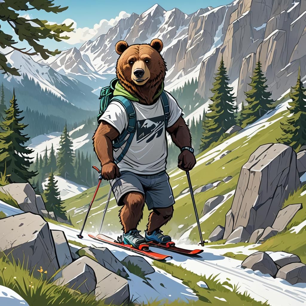 Cartoon Bear Skier on Summer Snow Slope