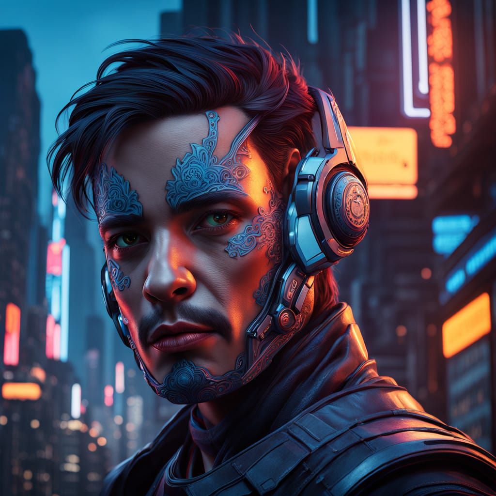 Cyberpunk Cyborg Portrait in Neon Cityscape, 2099, Concept A...
