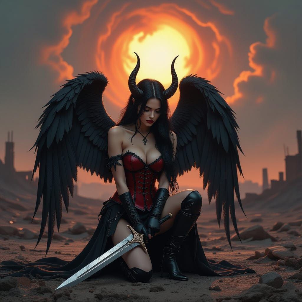 Fallen Angel in Desolate Landscape, Gothic Horror Style