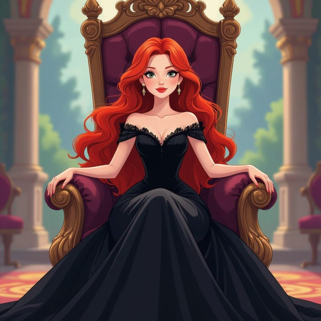 Red-Haired Girl on Throne in Disney Cartoon Style
