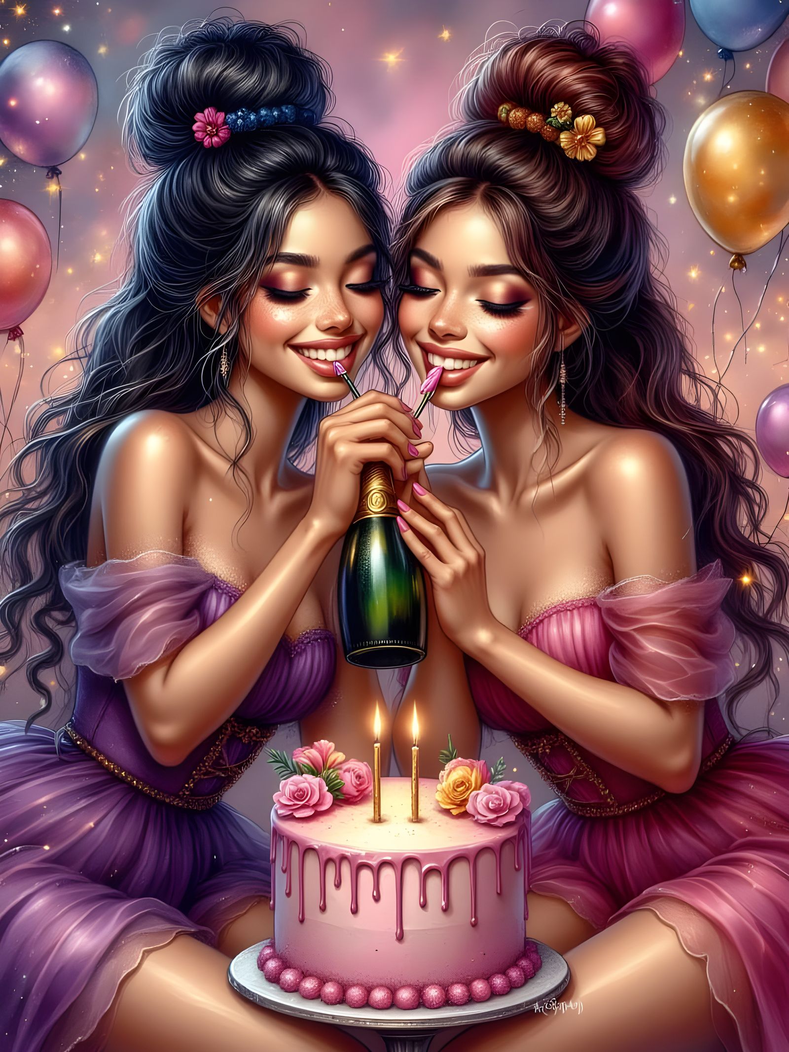 Identical Twins Celebrate Birthday with Champagne and Cake