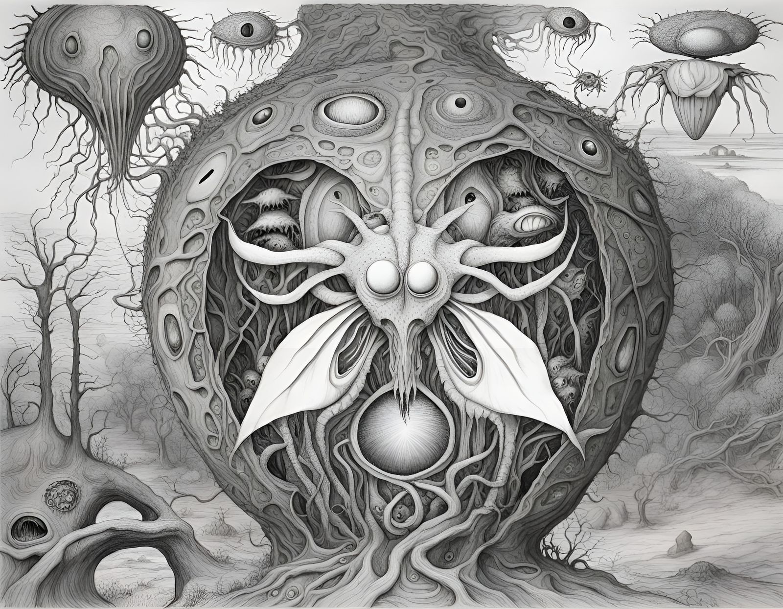 Surreal Insectoid Landscape in Pen and Ink