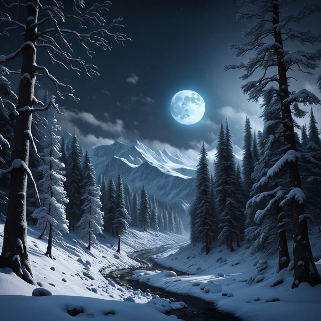 Moonlit Snow Forest Landscape in Ultra High Definition