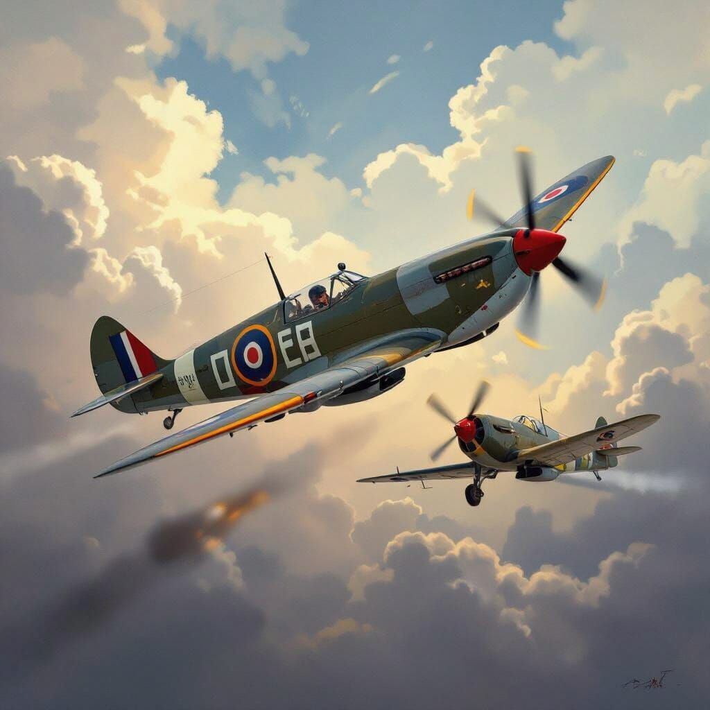 Spitfire Dogfight: Wartime Skies in Dynamic Aviation Art Sty...