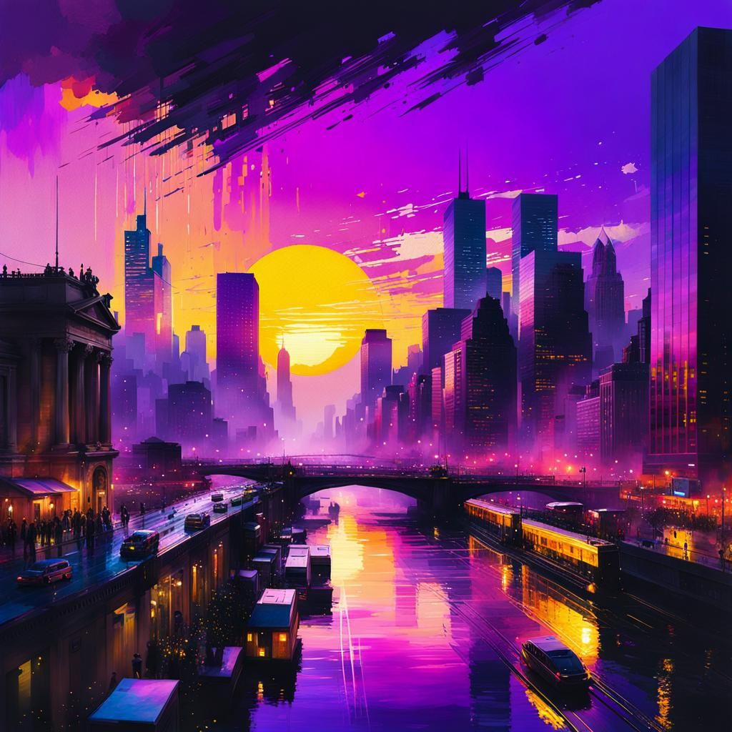 Glitchy Watercolor Cityscape at Dusk
