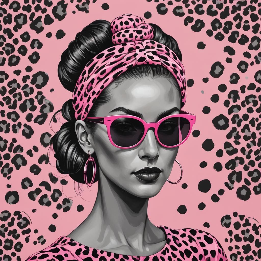 Monochrome Woman with Pink Leopard Print Accessories
