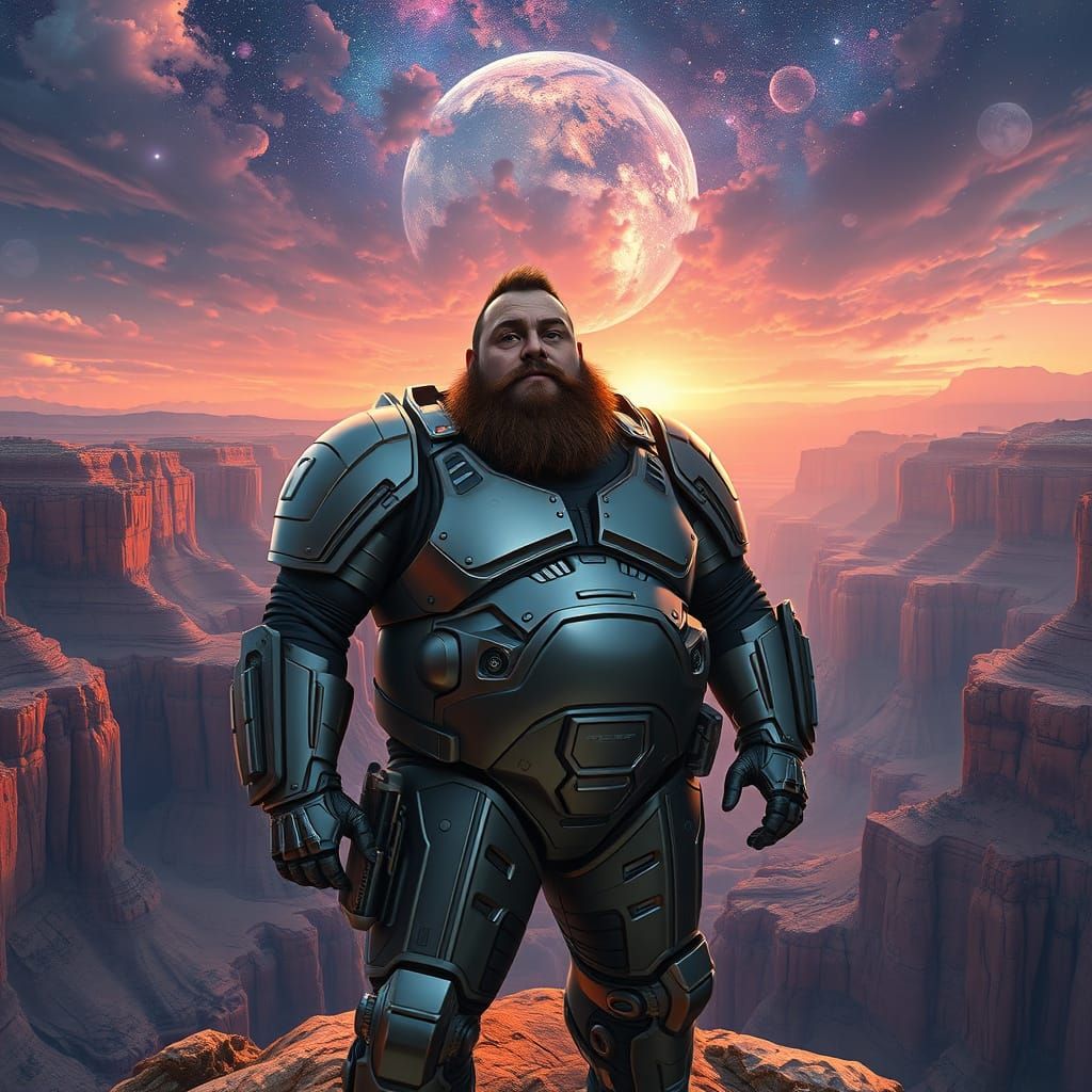 Futuristic Soldier on Canyon Edge with Psychedelic Sky