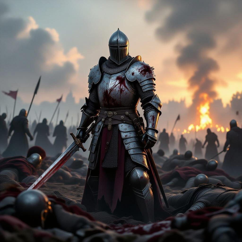 Knight on Blood-Stained Battlefield in Fiery Sky