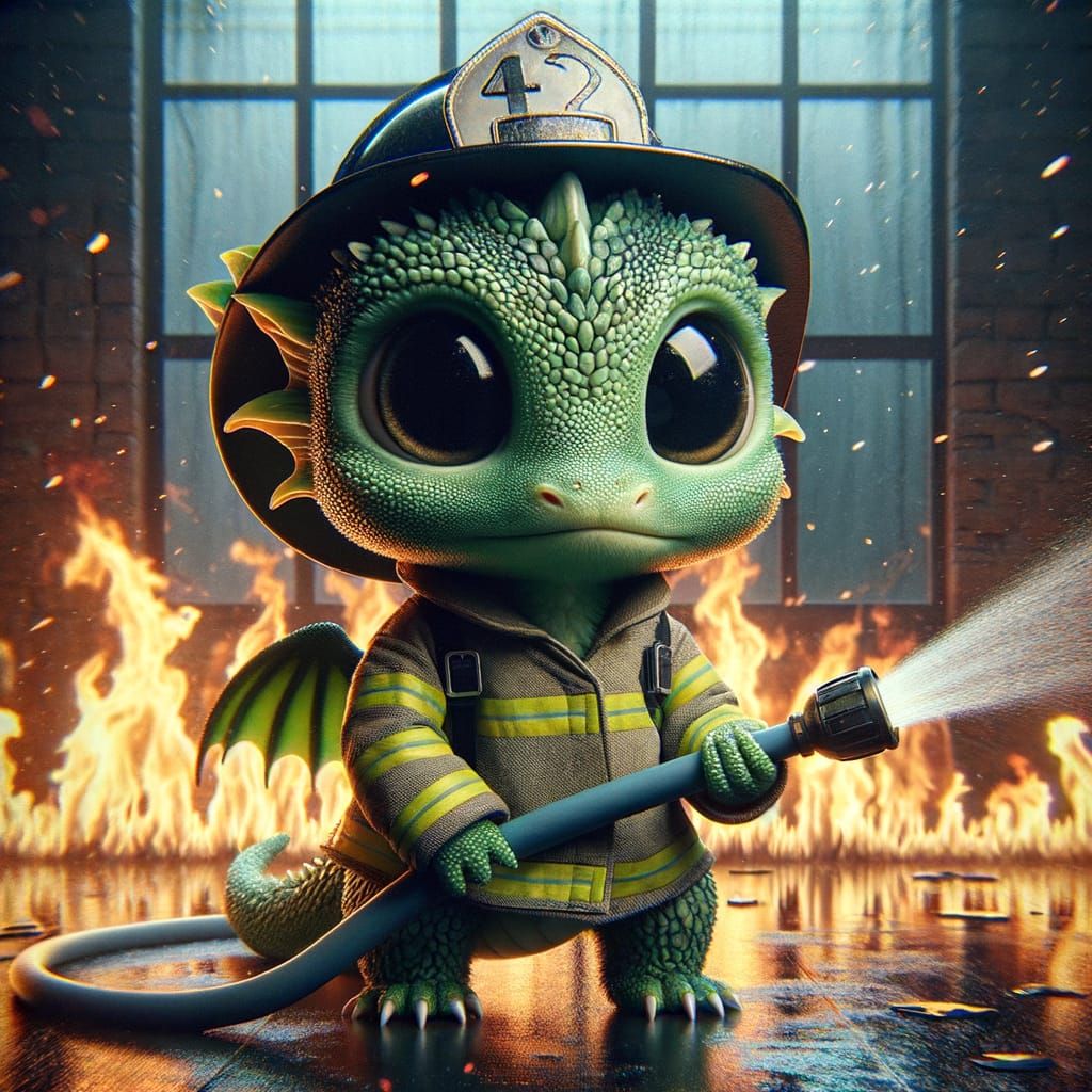 Playful Green Dragon Firefighter in Burning Room