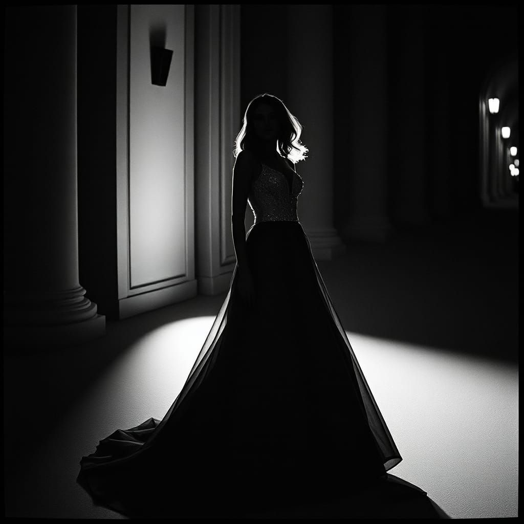 Monochrome Prom Dress in Cinematic Film Style