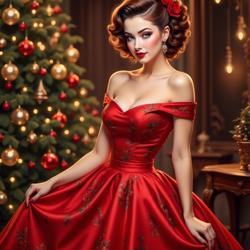 Sultry Pinup Christmas Ballgown in Vibrant Red