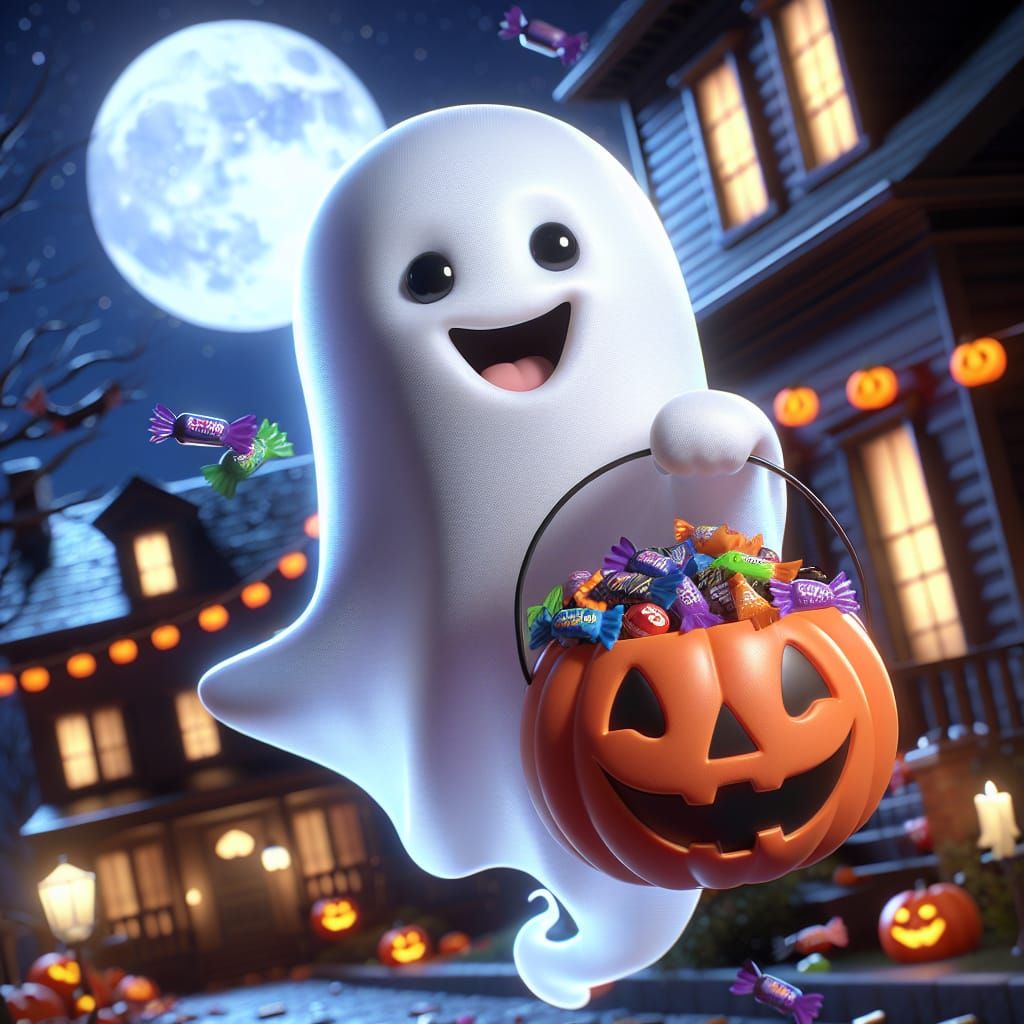 Adorable Ghost Collecting Candy on Halloween Night