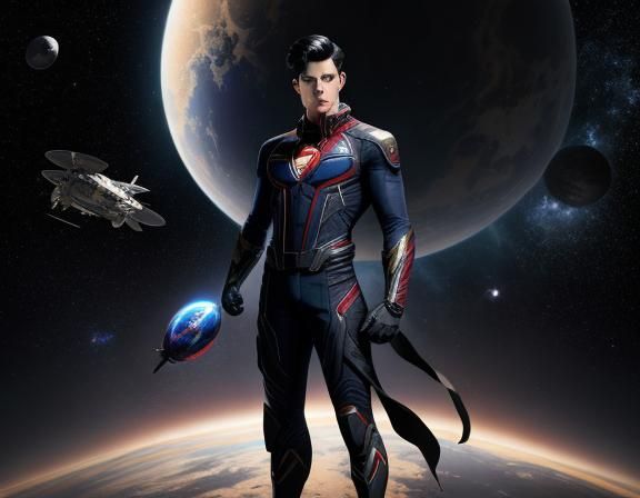 Teenage Superhero Stands Before a Distant Planet