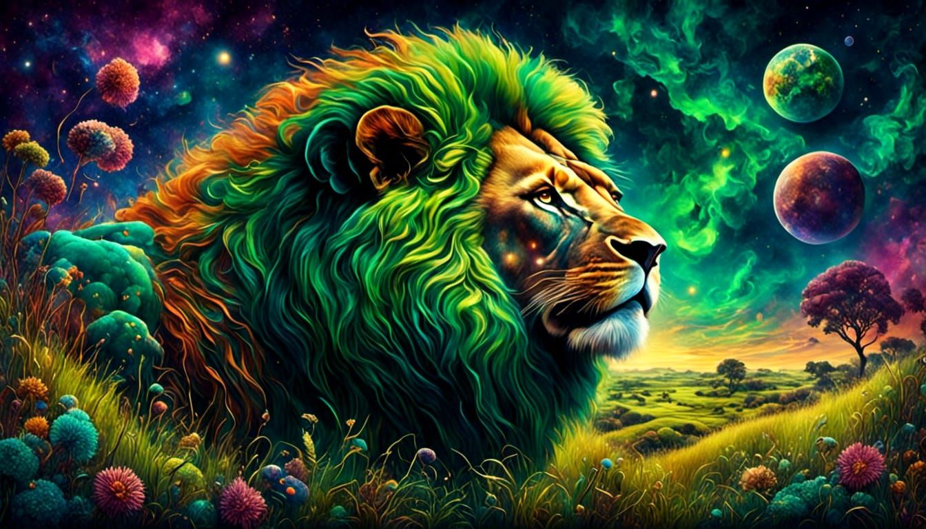 Majestic Lion in Savannah with Psychedelic Galaxy