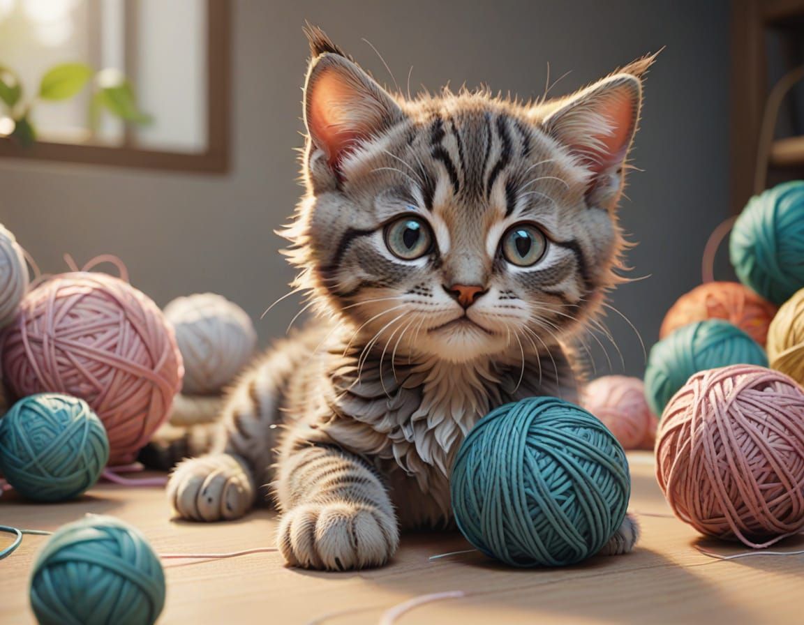 Playful Kitten Unwinds with Yarn in Whimsical Anime Style