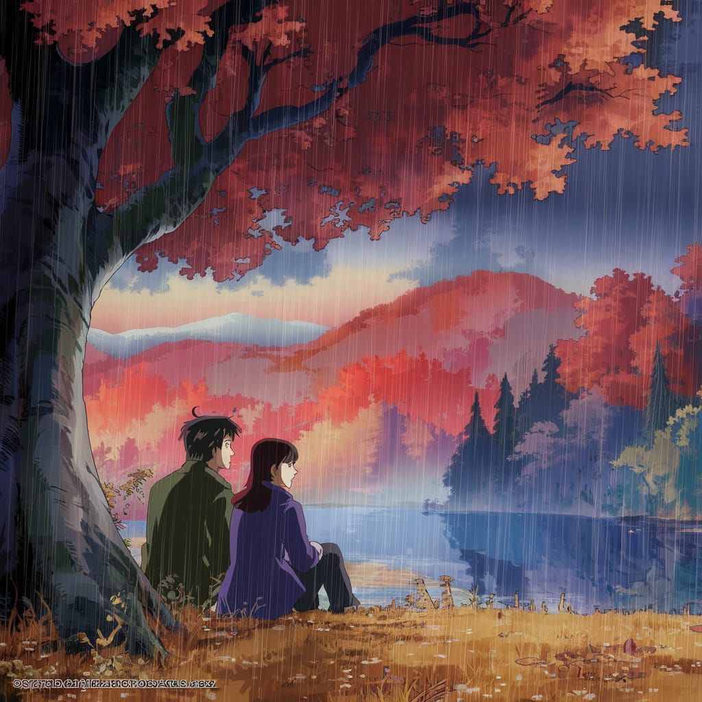 Studio Ghibli Autumn Rain Scene in 8k