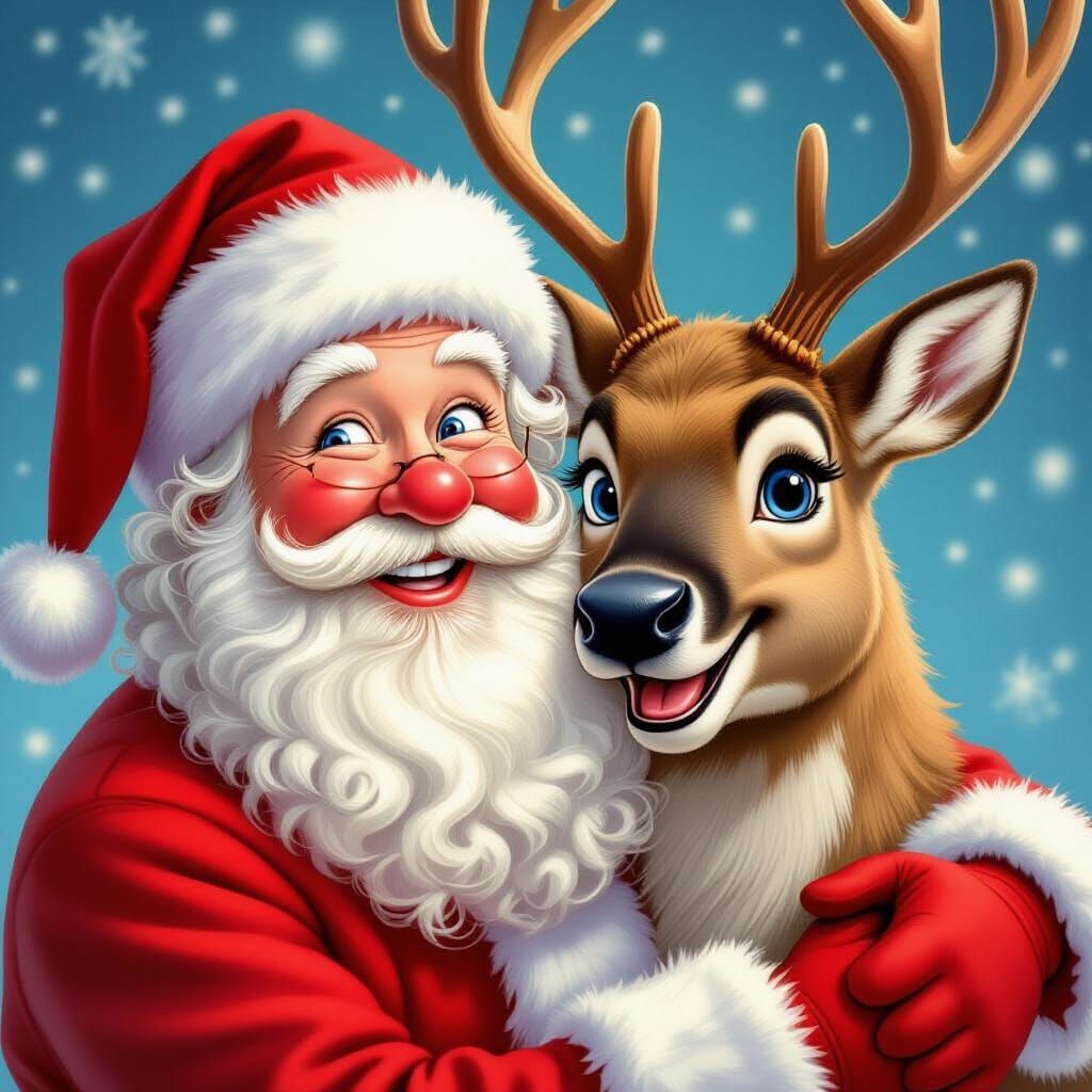 Heartwarming Embrace: Santa Claus and Reindeer Digital Art