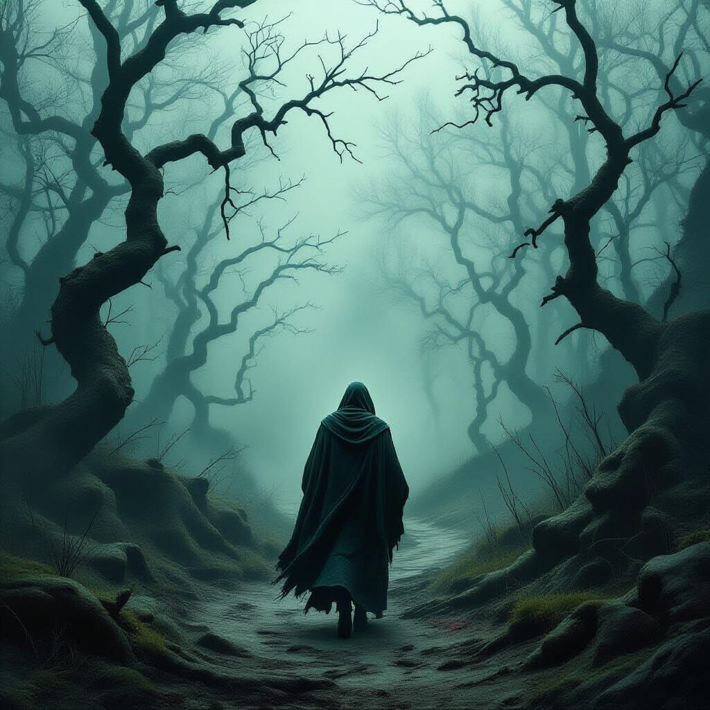Nightmarish Forest Traveler in Surrealist Style
