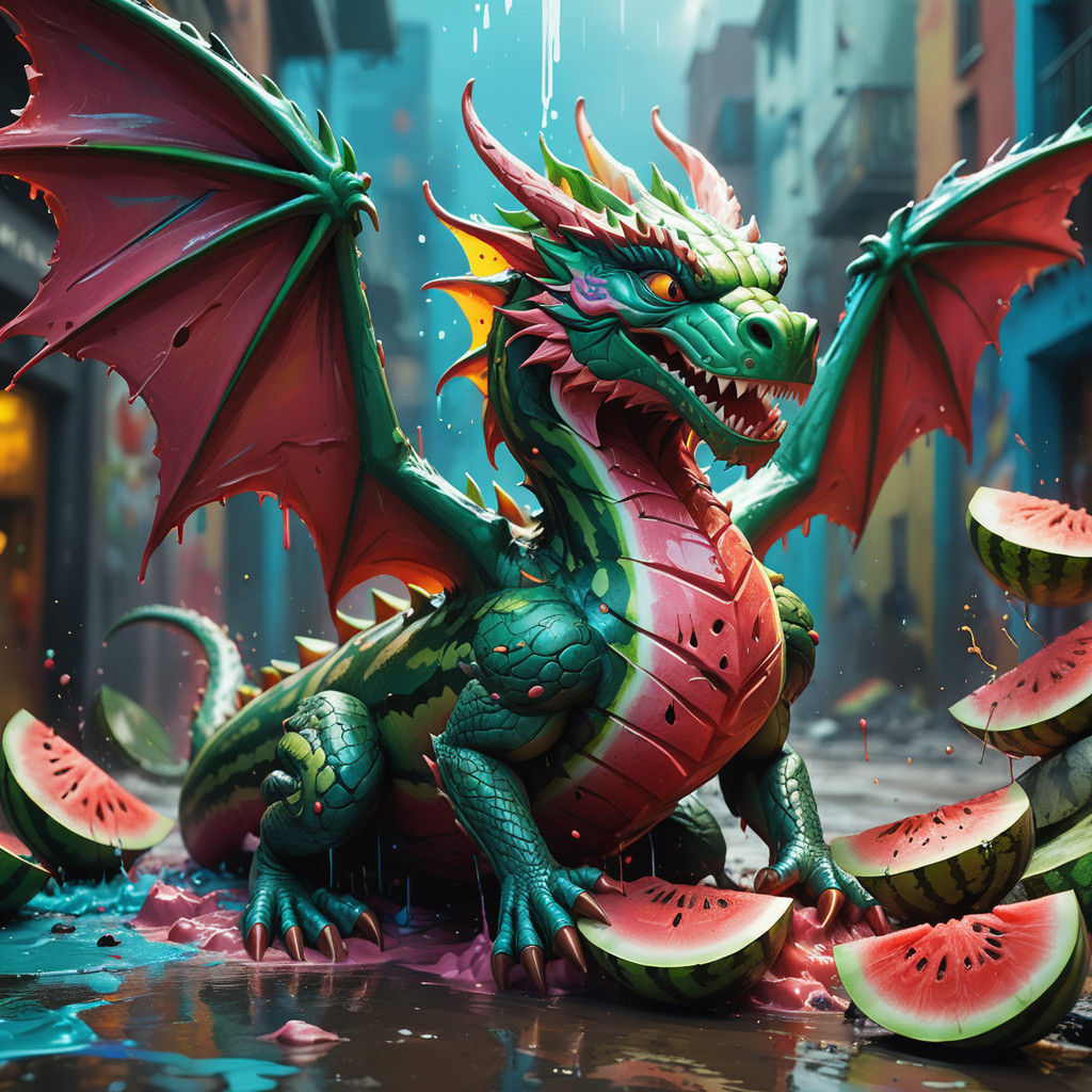 Vibrant Watermelon Dragon Transforms in Detailed Fantasy Art