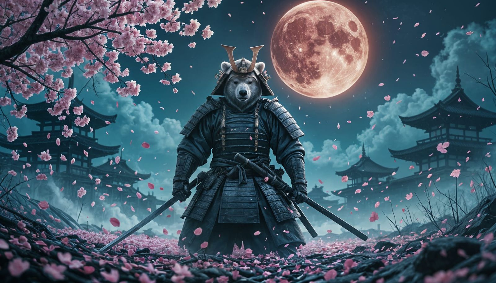Samurai Polar Bear on Battlefield Under Blood Moon