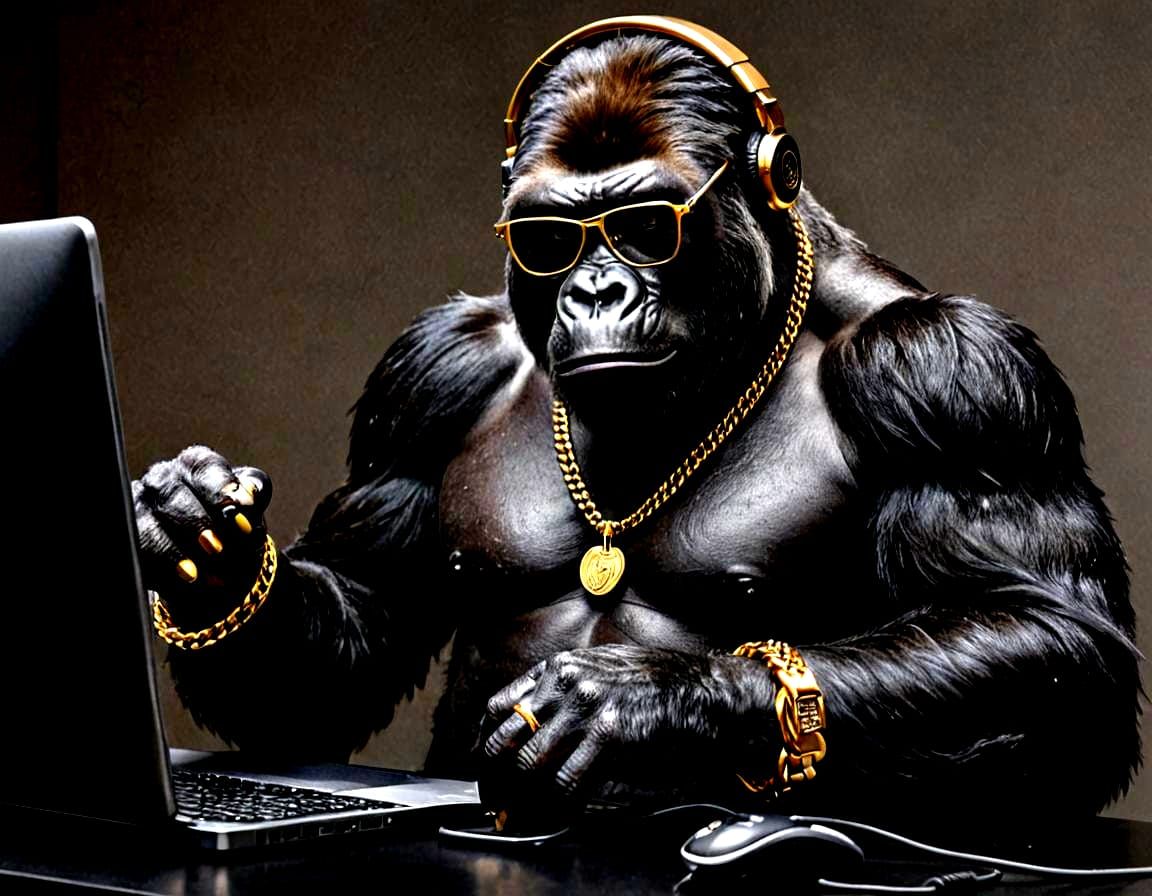 Gorilla Gamer Cartoon with Gold Chain and Glasses