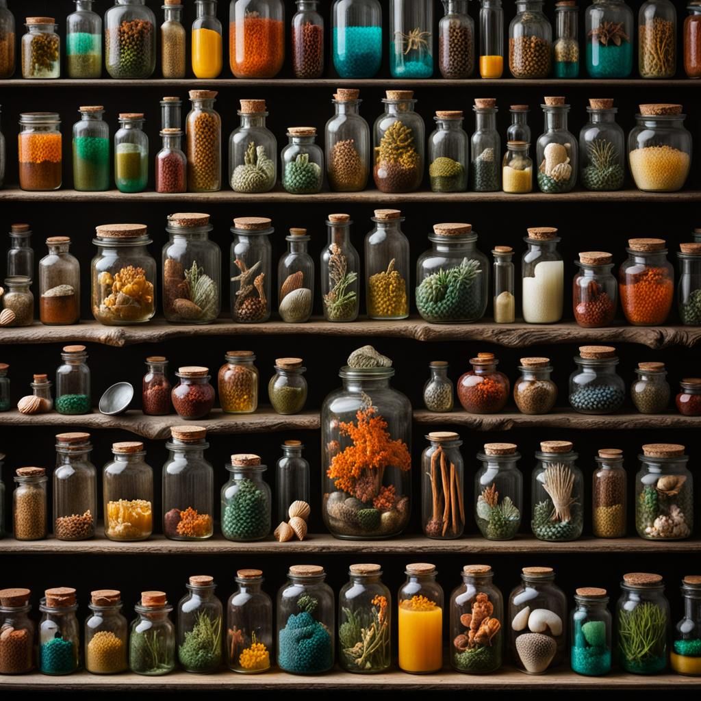 A color photo of things in jars, a mesmerizing collection of curiosities and preserved wonders...