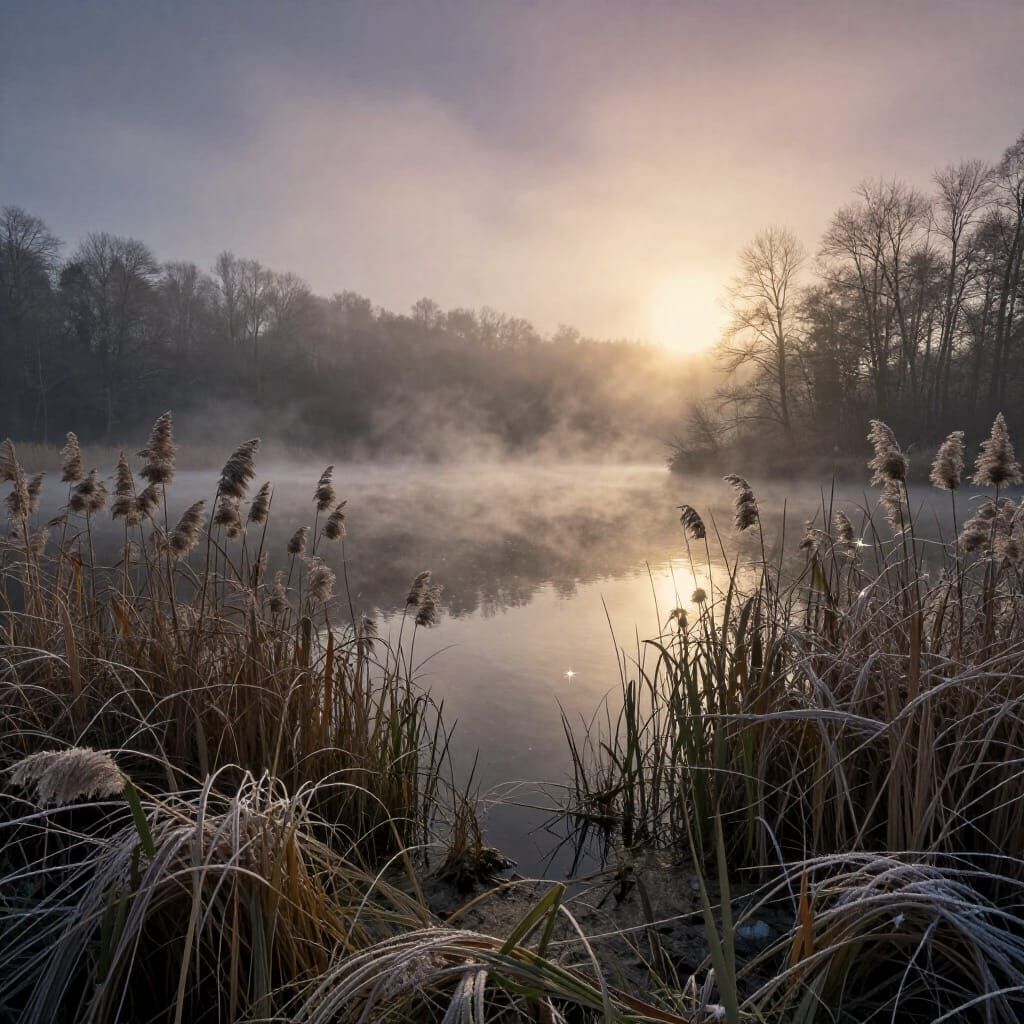 Misty Lake Sunrise with Frost and Sparkle