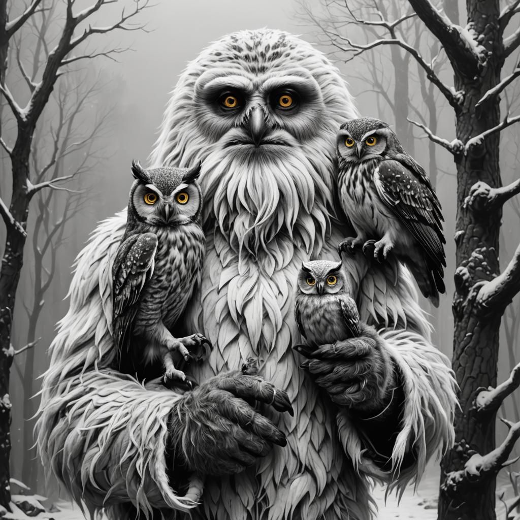 Yeti and Owl: A Gentle Greyscale Giant