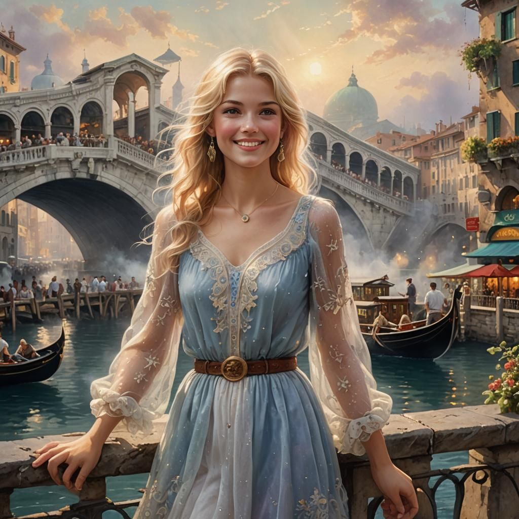 Smiling Woman Near Rialto Bridge in Luminist Style