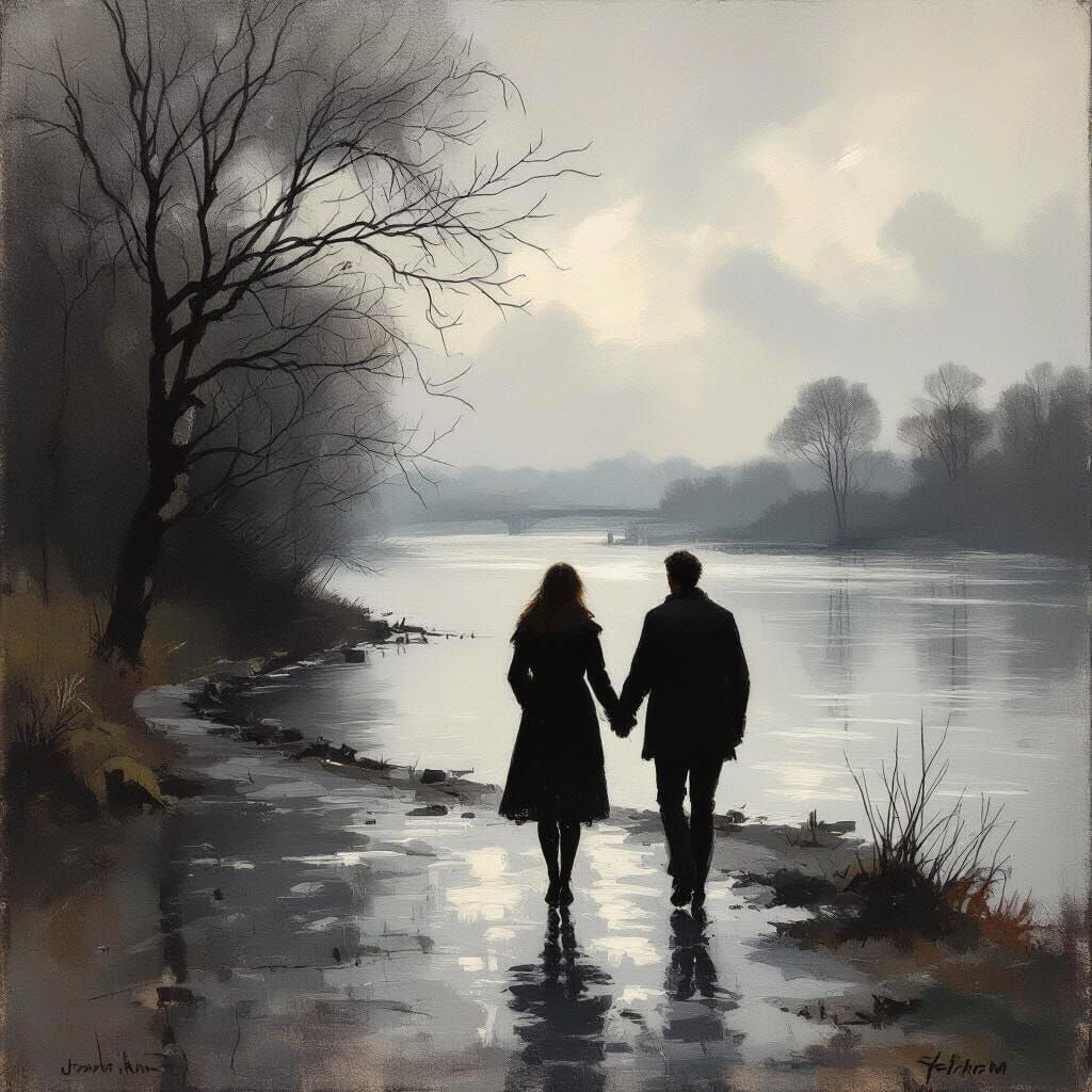 Melancholic River Walk in Impressionist Oil Style