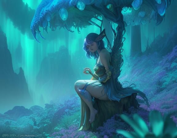 Fairy on Mushroom in Detailed Matte Painting