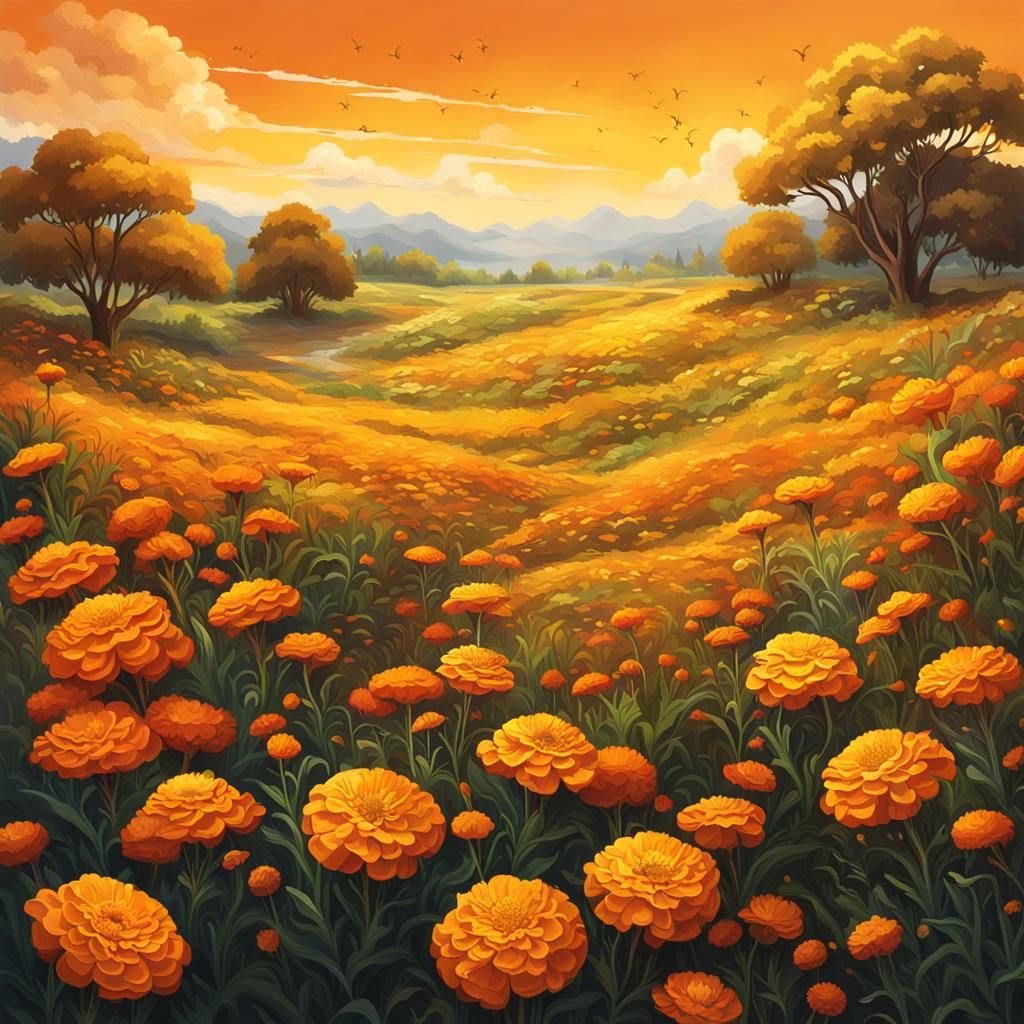 Hyperrealistic Marigold Meadow in Splash Art Style