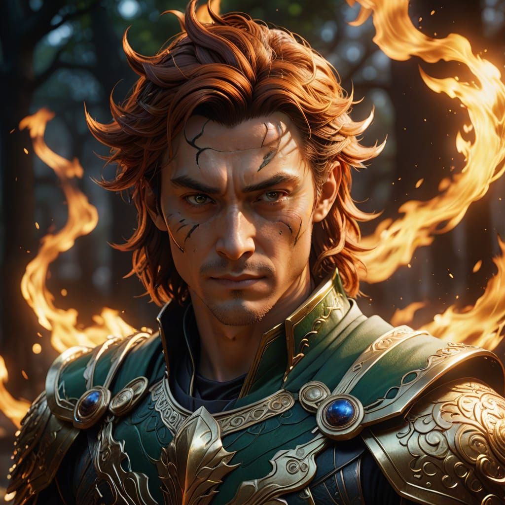 Flame-Haired Trickster in Mystic Flames
