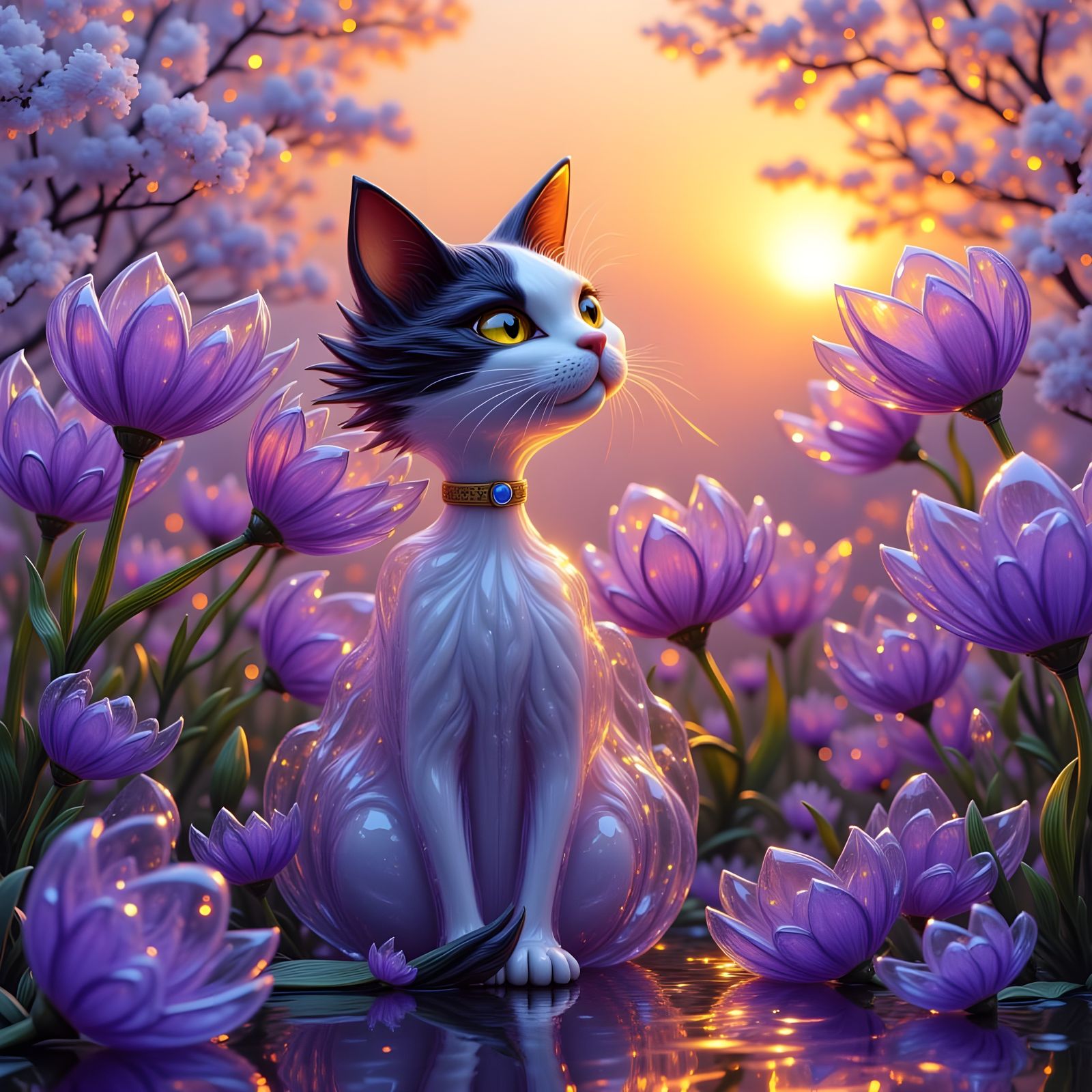 Calico Cat in Surreal Glass Tulips at Sunrise