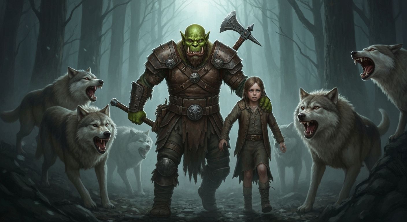Orc Warrior Protecting Children in Dark Fantasy Forest