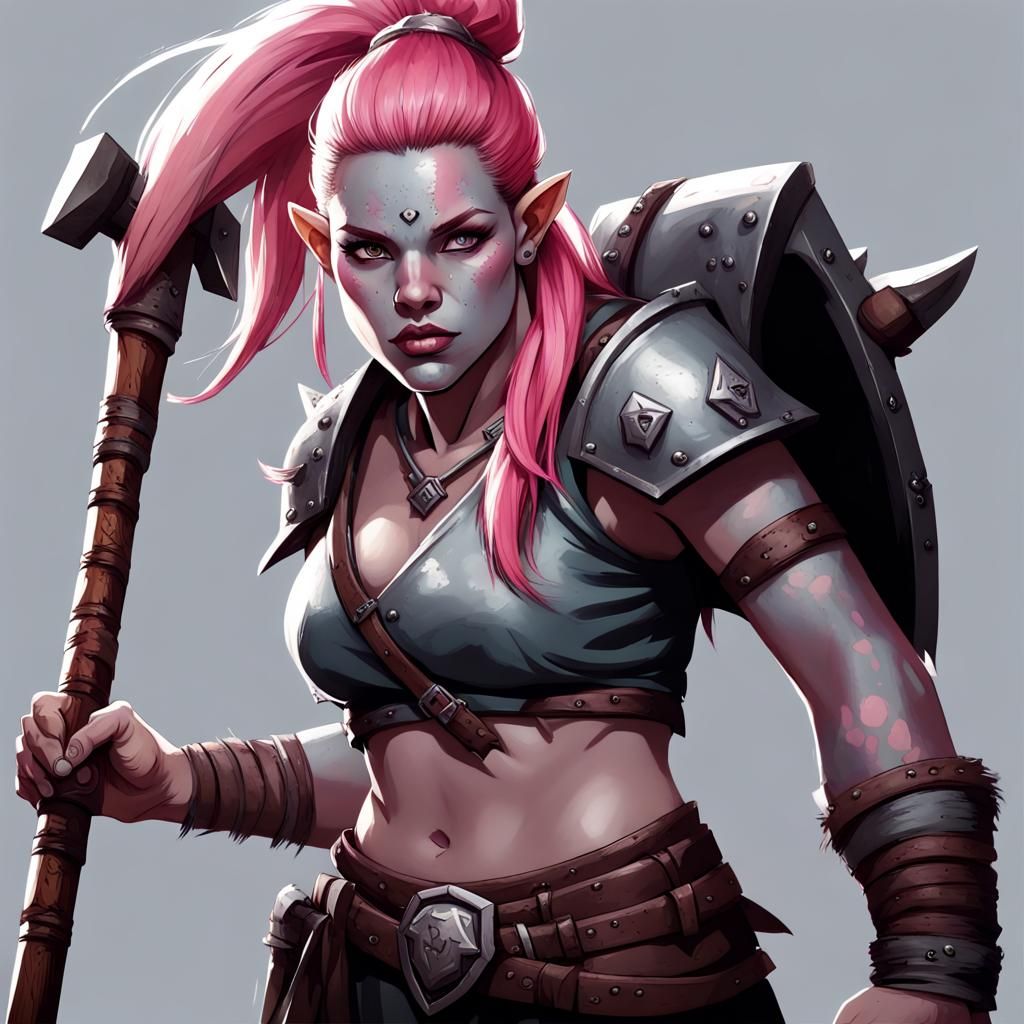 Female Half-Orc Barbarian with Hammer Weapon