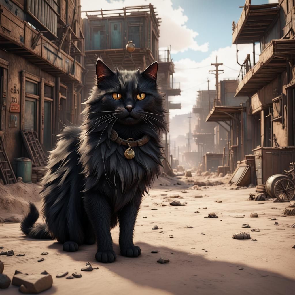 Black Cat in Post-Apocalyptic Town: 3D Game Art