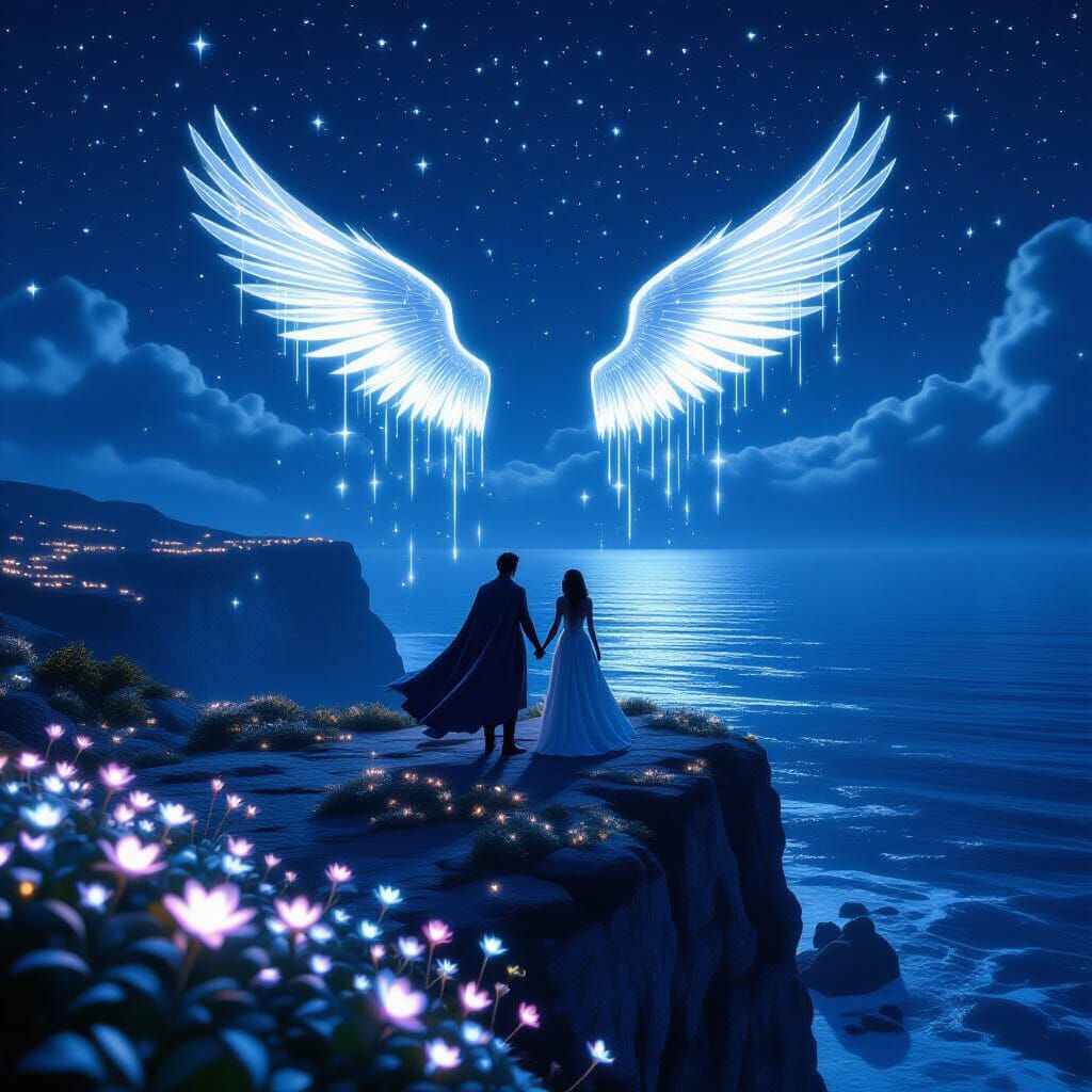 Romantic Night Scene on Ocean Cliff with Luminous Wings