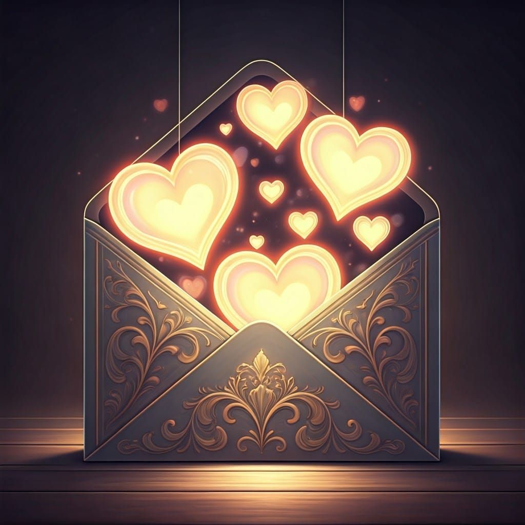 Ethereal Art Deco Valentine's Day Card with Glowing Hearts
