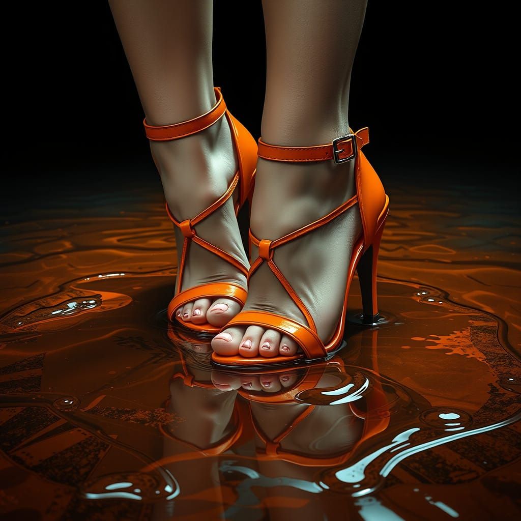 Elegant Woman's Feet Stuck in Vibrant Glue