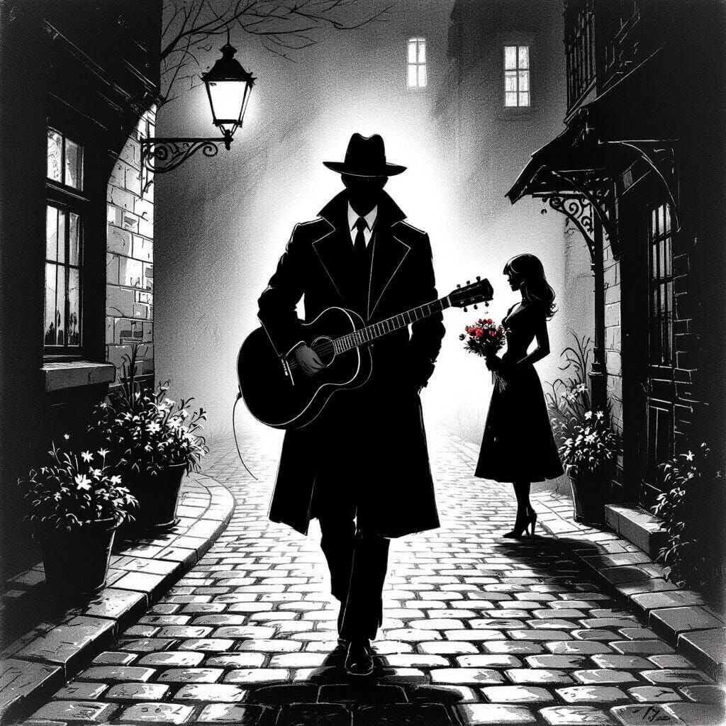 Night Street Scene in Dark Fantasy Engraving Style