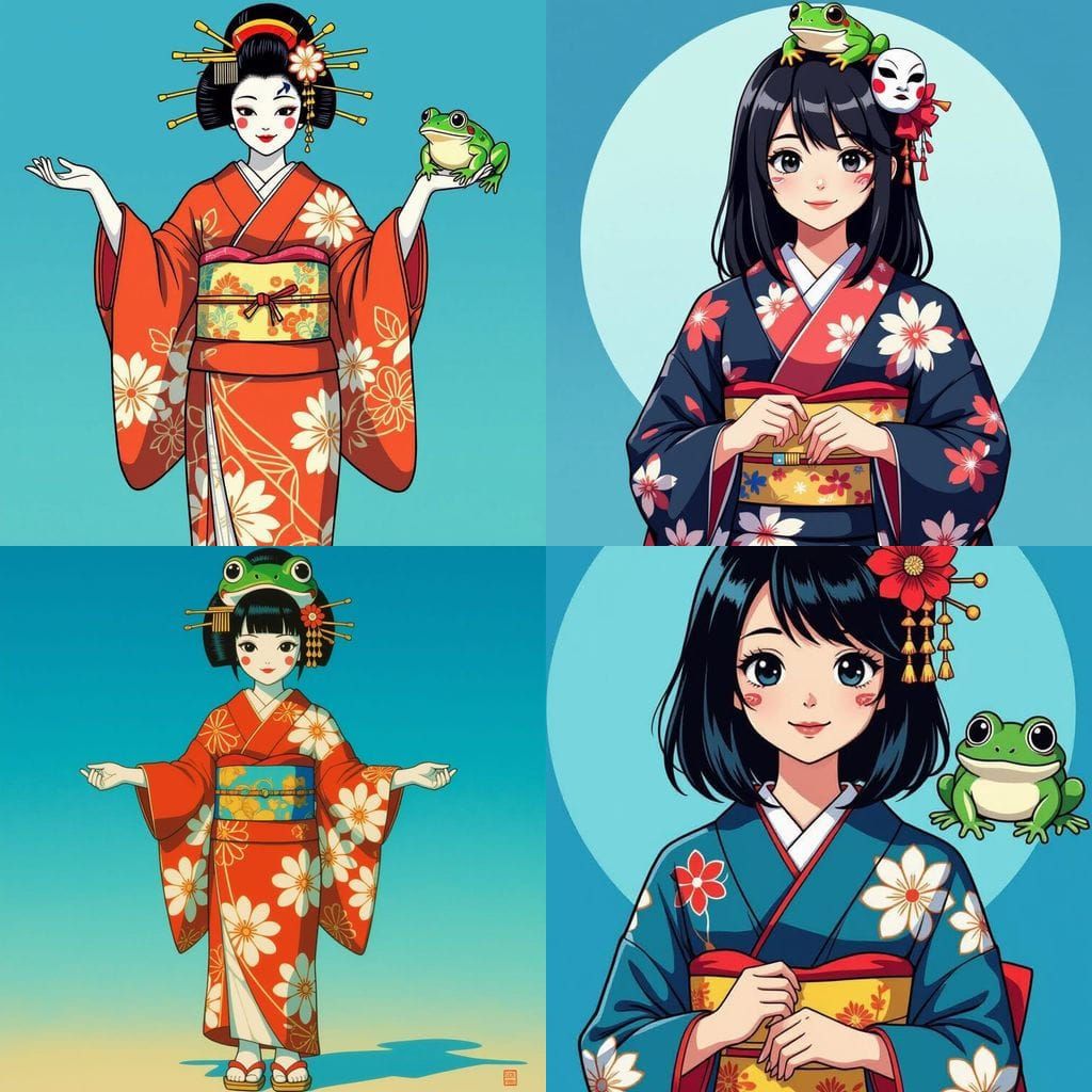 Girl in Kimono with Mask and Gradient Background