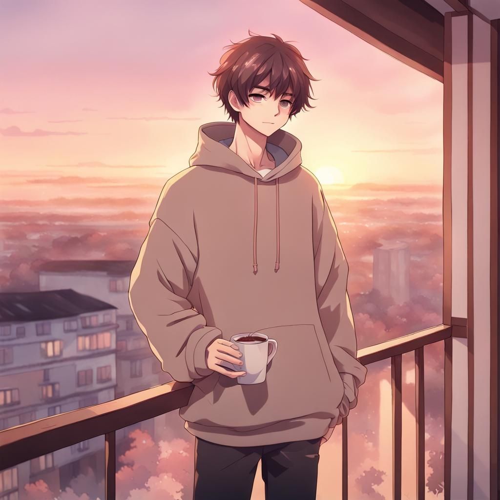 Anime Boy with Coffee at Sunset