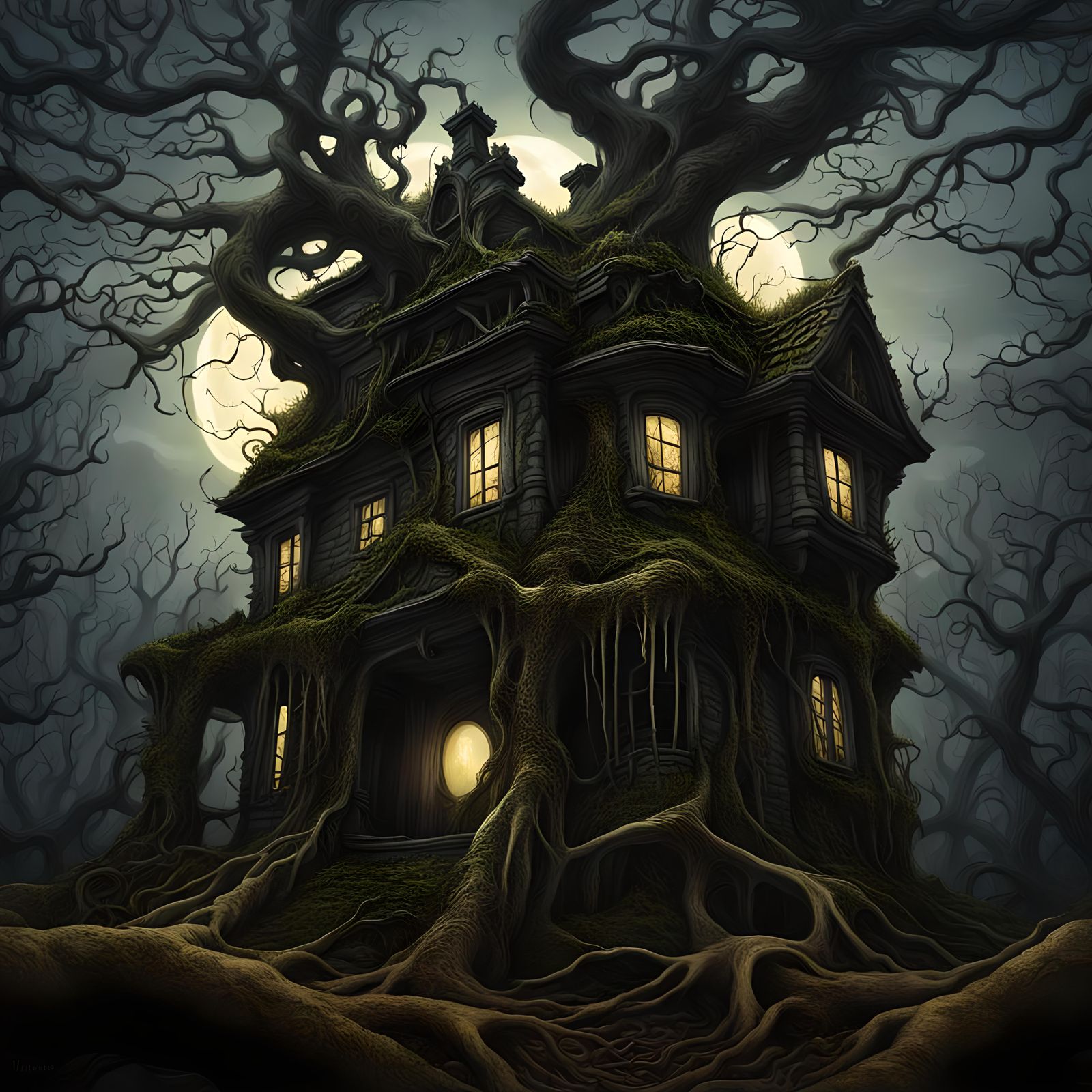Haunted House in Dark Forest: Hyperrealistic HDR