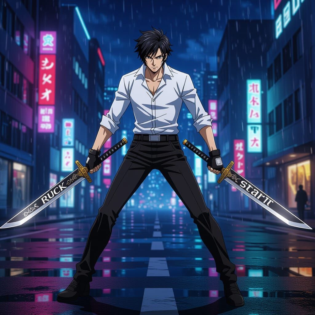 Anime Swordsman in Neon City, Digital Art