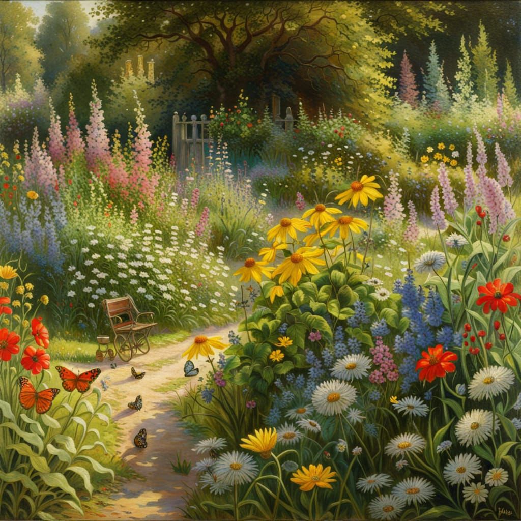 Idyllic Garden Scene with Wildflowers and Birds