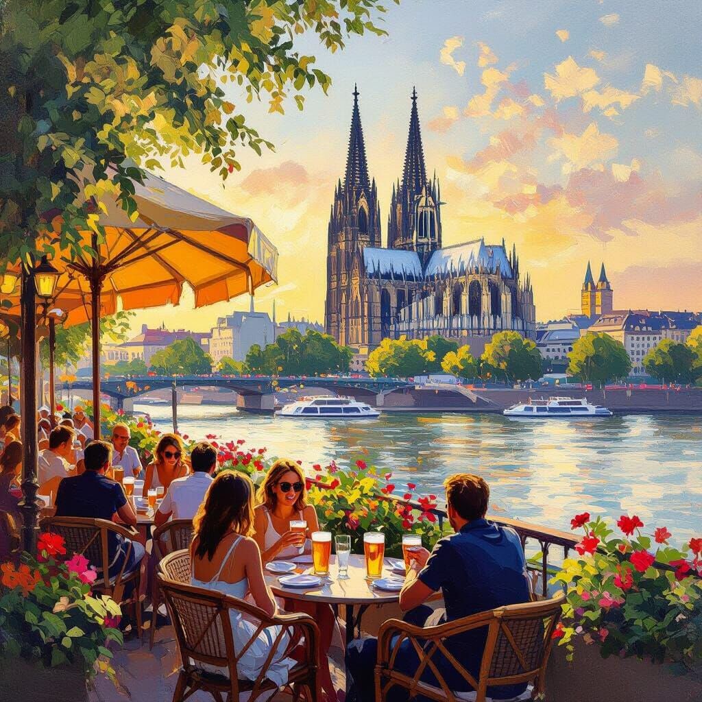 Summer Beer Garden by Cologne Cathedral on Rhine River