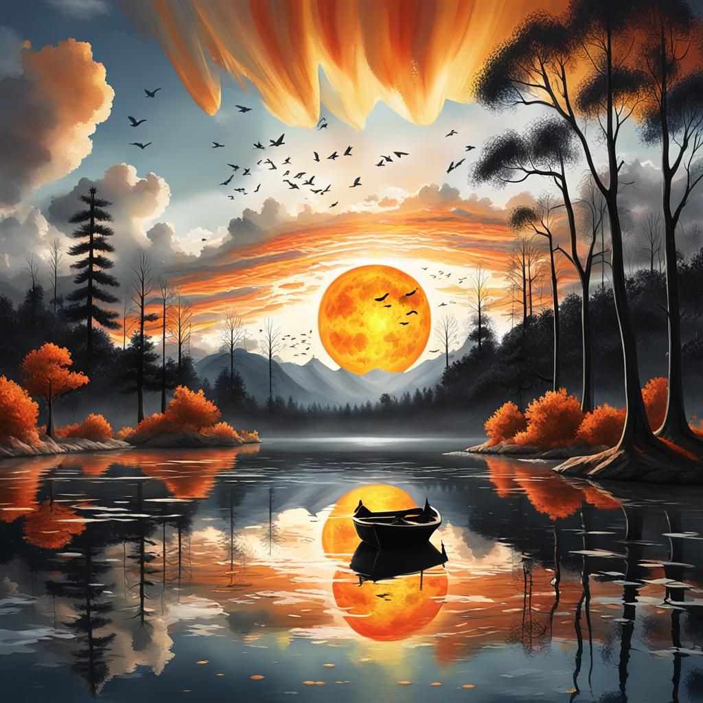 Orange Sun Rises Over Serene Lake: Digital Matte Painting