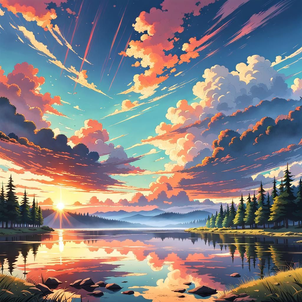 Colorful Sunrise Over Forest in Anime Style